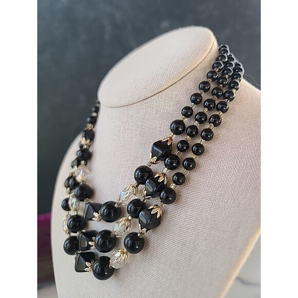 Black And Clear Multistrand Adjustable Beaded Necklace Vintage Japan - Picture 3 of 10